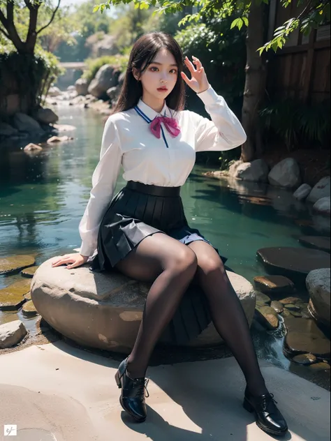 (full body:2)，(1girl:1.3),(view the viewer:1.4)，(anatomy correct:1.45),(Sitting by the creek, Make a heart to heart gesture with both hands:1.35),(Reflective carbon fiber pantyhose:1.4),(A mature and sensual woman Wear printed fantasy colorful JK student u...