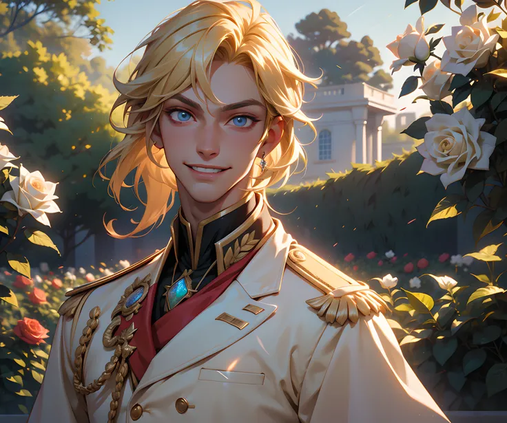 (absurdres, highres, ultra detailed), 1 male, adult, handsome, tall, blonde hair, finely detailed opal eyes and detailed face, prince uniform, smile, outdoors, palace rose garden, sunlight, 8k resolution