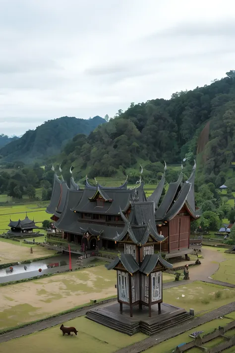 there is a clock tower in the middle of a field, typical, longhouse, historical setting, sumatraism, indonesia, mystical setting, green, large temples, touring, movie set”, peaked wooden roofs, temple in the background, spectacular, grey, highly detaild, w...