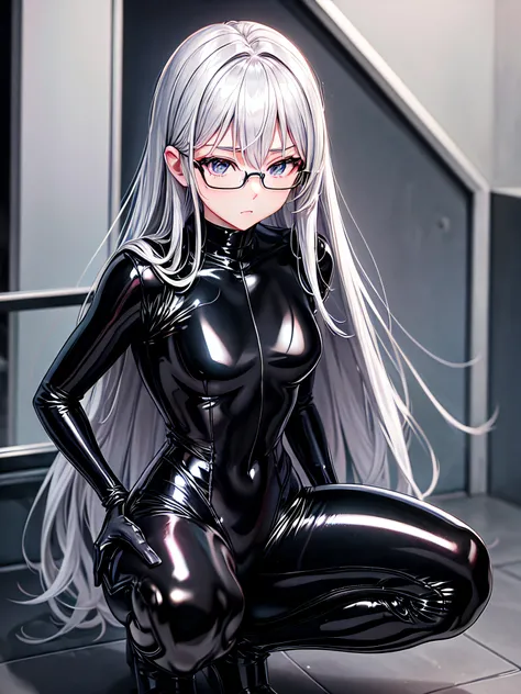 5 8K UHD、Silver-haired and small-nosed beauty in a black shiny black full-body rider suit wearing glasses squatting with her crotch wide open、Wearing a shiny black latex slider suit with hidden skin、Shiny black latex slider suit、Small-nosed beauty looking ...