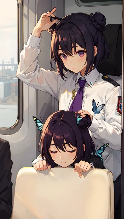 Anime girl,black and purple hair, short hair,tied into a bun ,asleep on train, head facing downward,wearing demon slayer uniform,white butterfly jacket, very beautiful