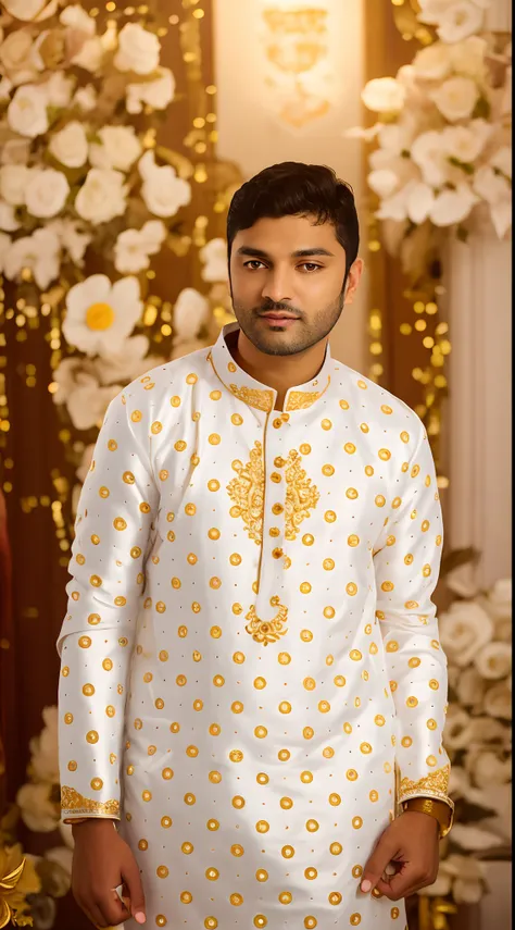 arafed man in a white and gold outfit standing in front of a floral arrangement, ornate attire, wearing a kurta, wearing a silk kurta, vinayak, mid shot portrait, wearing traditional garb, white robe with gold accents, wearing ornate clothing, groom, seren...