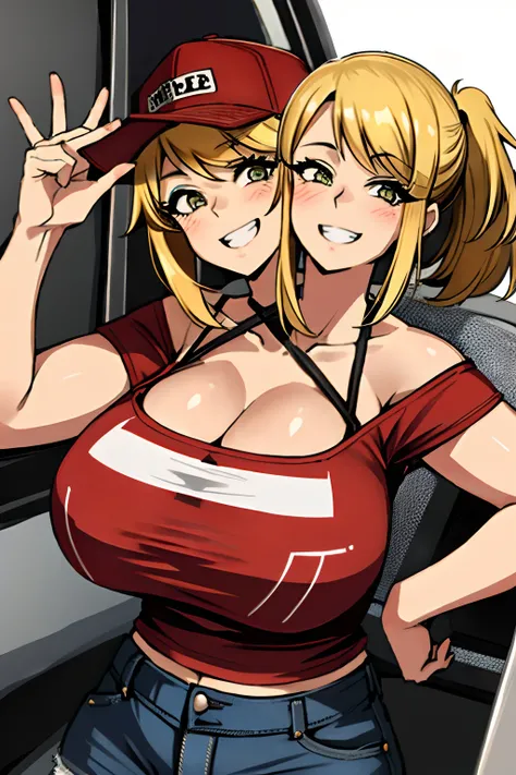 2heads, a short chubby woman with 2 heads. She has enormous breasts. She is wearing a red plaid flannel shirt and jeans. She is wearing a truckers hat. She is in a big truck. She has blonde hair in a ponytail. She has gigantic breasts. She is blushing. She...