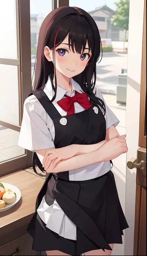 1girl in、A smile、The shirt、skirt by the、（small tits）Chilarism、Japan High School Student Uniform、serafuku、summer clothing、Apron、Help with household chores、Upper body portrait、、