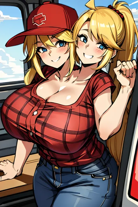 2heads, a short chubby woman with 2 heads. She has enormous breasts. She is wearing a red plaid flannel shirt and jeans. She is wearing a truckers hat. She is in a big truck. She has blonde hair in a ponytail. She has gigantic breasts. She is blushing. She...