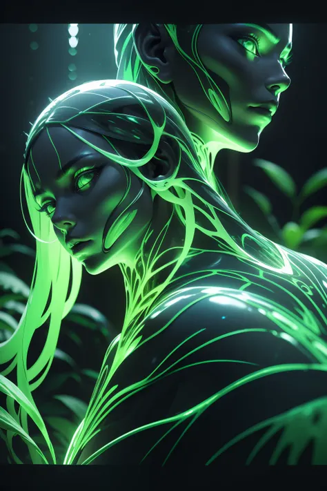 alien god , ((high contrast)), ((highly detailed)), 8k hdr high resolution photo of a transparent porcelain android full body girl with glowing backlit panels, closeup on face, anatomical plants, dark swedish forest, night, darkness, grainy, shiny, fashion...