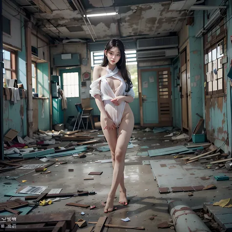 Abandoned Building 1.1，Sexy standing pose，18 years old korean beauty，Random white sexy transparent Korean student outfit，Slender and slender figure，As thin as a whipping post，The barefoot，(((Random nudity all over the body)))，exhibitionists，Random exposure...