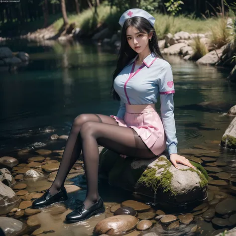 (full body:2)，(1girl:1.3),(view the viewer:1.4)，(anatomy correct:1.45),(Sitting by the creek,:1.35),(Reflective carbon fiber pantyhose:1.4),(A mature and sensual woman Wear printed fantasy nurse suit JK student uniform pleated skirt and polished JK uniform...