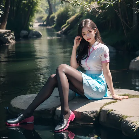 (full body:2)，(1girl:1.3),(view the viewer:1.4)，(anatomy correct:1.45),(Sitting by the creek,:1.35),(Reflective carbon fiber pantyhose:1.4),(A mature and sensual woman Wear printed fantasy nurse suit JK student uniform pleated skirt and polished JK uniform...