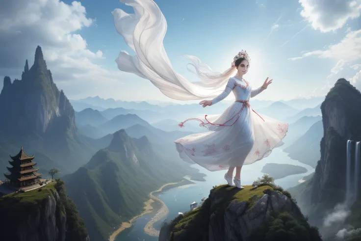 In a captivating image, an elegant woman clad in a white Chinese gown glides through the sky atop a mythical Chinese dragon. As they traverse the heavens, her flowing gown and the dragons iridescent scales create a mesmerizing vision of harmony and otherwo...