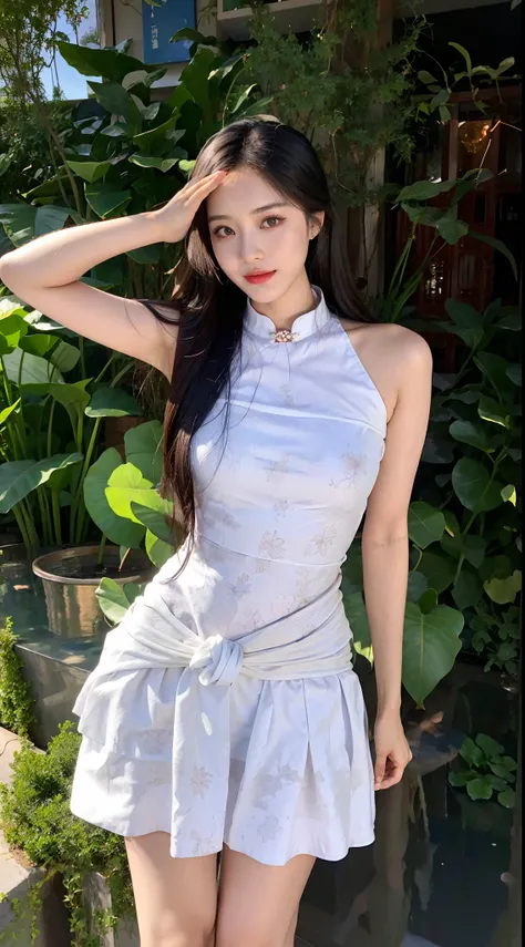 arafed asian woman in a blue dress posing for a picture, hot with shining sun, loli in dress, Attractive pose, belle delphine, gorgeous chinese models, dilraba dilmurat, Cheongsam, wearing a blue qipao dress, tall thin beautiful goddess, Gorgeous young Kor...