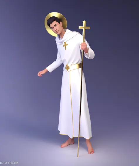 Imagem de um homem vestido com um manto branco e uma cruz dourada, Santo de ouro bonito, Santo ortodoxo, Described as a 3D rendering, render divino, NPC com halo de santo, NPC com um santohalo do, homem de santo, imagem renderizada, christian saint rosace,...