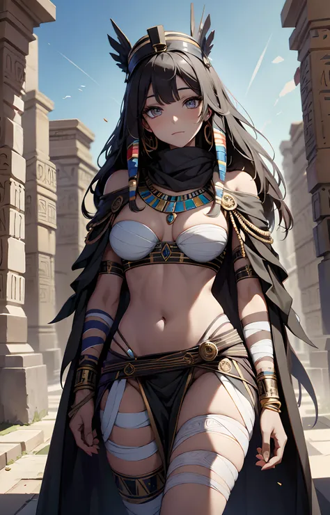 best qualityer，tmasterpiece，Ultimate resolution，downy，Extremely colorful，Colorful，Ancient Egyptian mummy beauty，Beautiful woman wrapped in bandages，Bandages all over the body，bandagens，dont have clothes，Normal posture