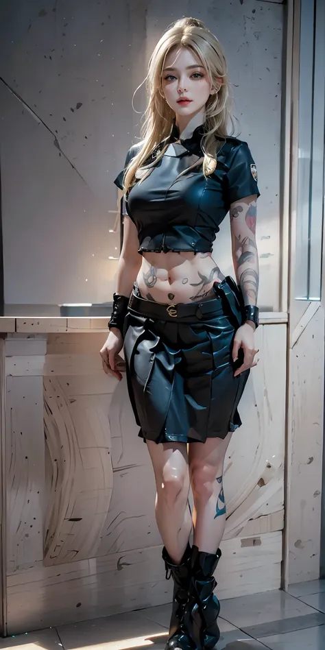 Photorealistic, high resolution, Soft light,1womanl, Solo, Hips up,Night City, (Detailed face),tattoo,ink，Open navel，Police badge，Police badge，Lace pleated skirt， jewelry, Police uniform,coiffed blonde hair