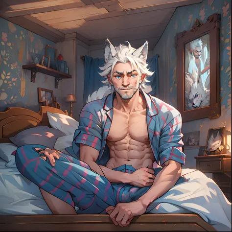 athletic Male with light beard, has flowing white hair, has wolf ears, has wolf tail, shirtless, playful, solo, alone, has goofy look on his face, has bright blue eyes, wearingg plaid pajama pants, relaxing on a bed,