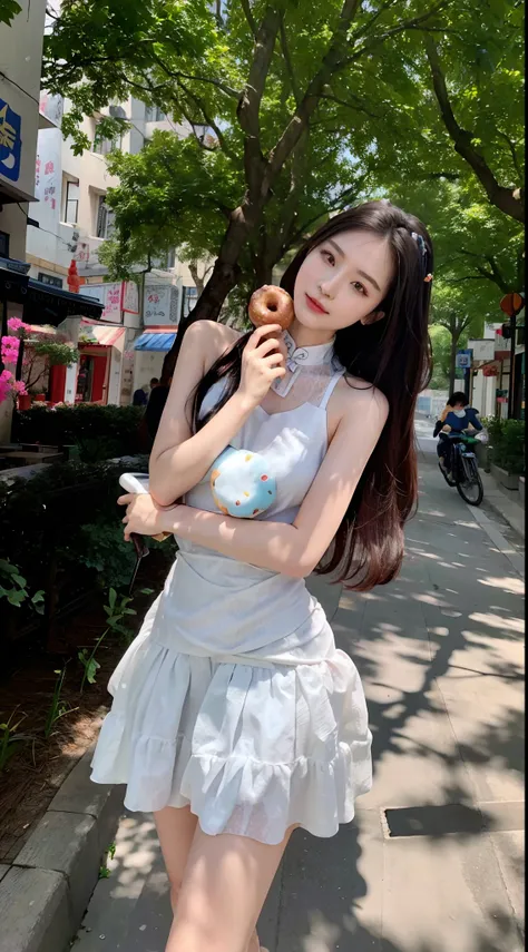 Arapei woman in dress holding a donut on a city street, full-body xianxia, xintong chen, wearing a blue qipao dress, photo of slim girl model, gorgeous chinese models, shaxi, wenfei ye, yanjun cheng, ulzzangs, pale milky white porcelain skin, Chinese girl,...