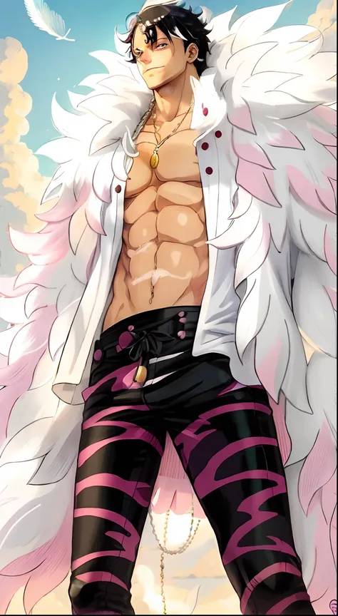 a man in a black feather jacket and white pants, peito fofo, from one piece, pink iconic character, his trunk is a huge tentacle, Close-up de corpo inteiro, his trunk is a long tentacle, corpo chiclete, corpo fofo, vestindo trajes de concha, personagem de ...