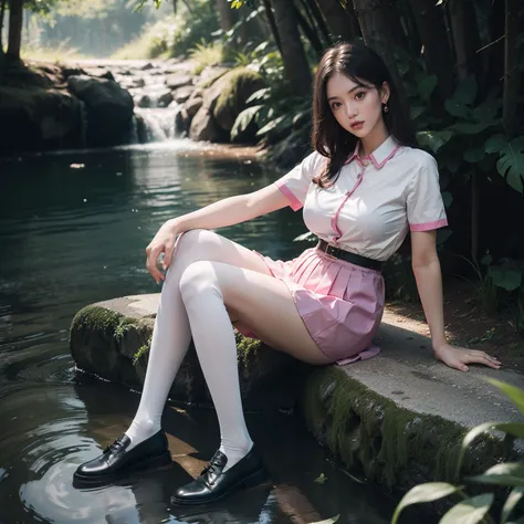 (full body:2)，(1girl:1.3),(view the viewer:1.4)，(anatomy correct:1.45),(Sitting by the creek,:1.35),Polished metal pantyhose:2),(A mature and sensual woman Wear printed fantasy nurse suit JK student uniform pleated skirt and polished JK uniform leather sho...