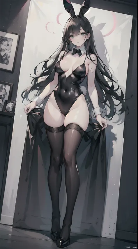 (fullllbody), 1 Bunny Girl, (beautifully detailed eyes), (beautiful and detailed face), Perfect female body, (neat figure:1.2), thick body, Slender waist, (18year old), (Black stockings:1.4), Very big eyes,  (top-quality), (ultra-detailliert), (masuter pie...