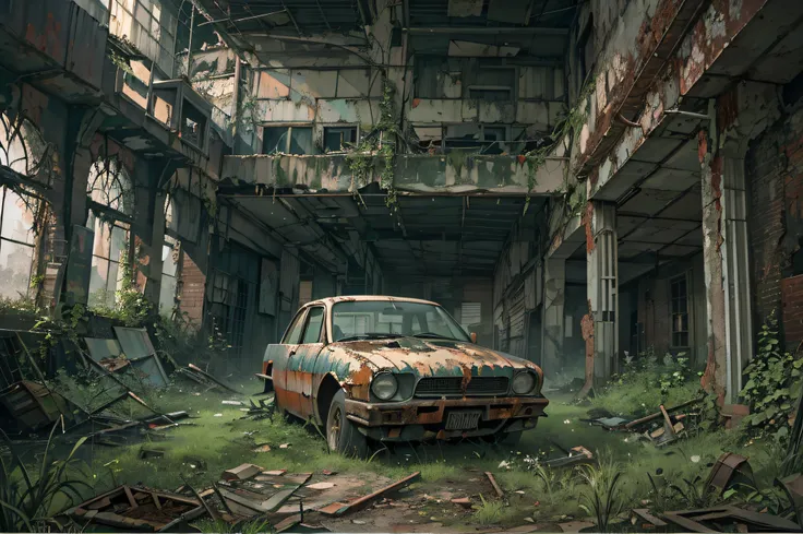 "Abandoned City, post-apocalyptic, desolate, crumbling architecture, overgrown with plants, eerie atmosphere, abandoned vehicles, hauntingly beautiful, dramatic lighting, rusted metal, decaying buildings, nature reclaiming the urban landscape."