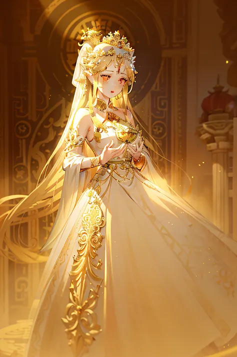 a woman in a white dress and a crown standing on a rock, ((a beautiful fantasy empress)), a beautiful fantasy empress, white and gold priestess robes, ancient libu princess, the sailor galaxia. beautiful, golden-white robes, ancient chinese princess, beaut...