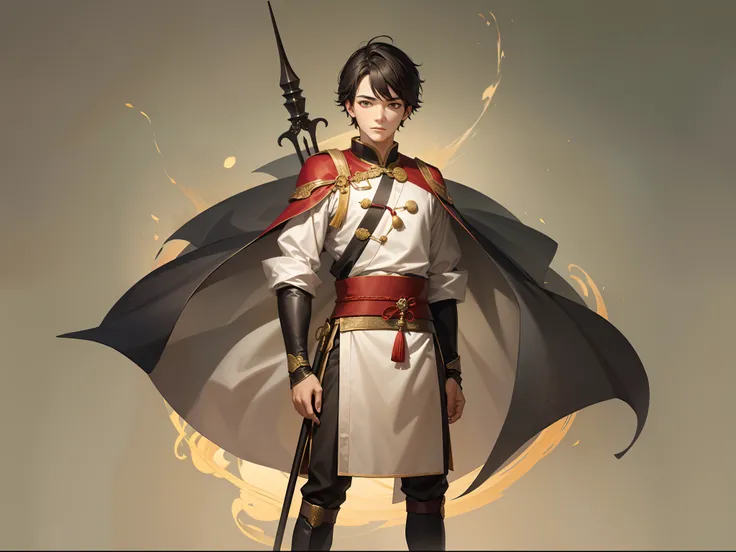 Fourteen-year-old male aristocratic boy in ancient China，Dressed in aristocratic dress，Heroic appearance，Holding a five-foot spear。Beautifully painted full-body standing。