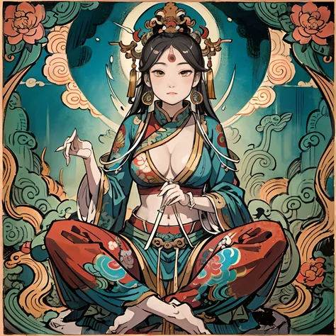 an ancient Chinese goddess, guanyin of the southern seas, Guanyin, Inspired by India, Avalokiteshvara rides a phoenix，,Serene expression,shui mo hua,Buddha,Buddhist,Lotus,Chinese painting style,Thangka style