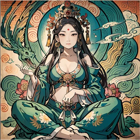 an ancient Chinese goddess, guanyin of the southern seas, Guanyin, Inspired by India, Avalokiteshvara rides a phoenix，,Serene expression,shui mo hua,Buddha,Buddhist,Lotus,Chinese painting style,Thangka style