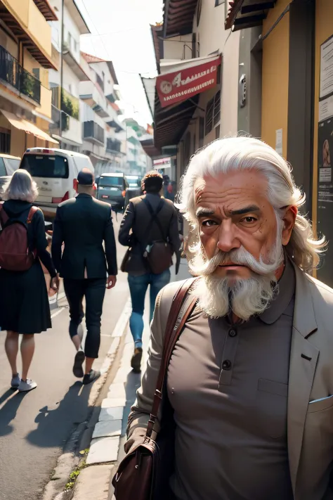 um velho caminhando de frente, um velho sabio com barba e expressoes faciais andando por uma rua olhando para a frente