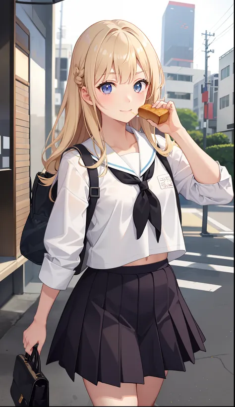 1girl in、A smile、The shirt、skirt by the、（small tits）Chilarism、Japan High School Student Uniform、serafuku、summer clothing、morning、Coming to school、With bread in your mouth、Not being able to make it to class in time、Impatient、Running、（Sheer Bra）、Upper body p...