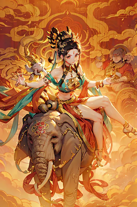 a picture of a woman riding on the back of an elephant, an elephant king, an enormous elephant king, asura from chinese myth, by Caroline Chariot-Dayez, by Sasha Putrya, by Andrée Ruellan, by Emanuel Schongut, by Anna Haifisch, jc leyendecker and sachin te...