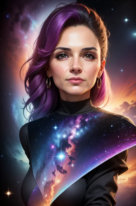 dblxp foto de perfil em close , middle-aged woman made by a colorful galaxy in 3D, fundo preto.