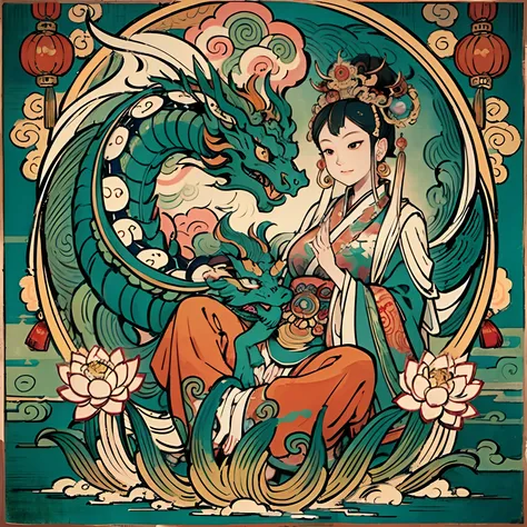 an ancient Chinese goddess, guanyin of the southern seas, Guanyin, Inspired by India, Avalokiteshvara rides a dragon，,Serene expression,shui mo hua,Buddha,Buddhist,Lotus,Chinese painting style,Thangka style