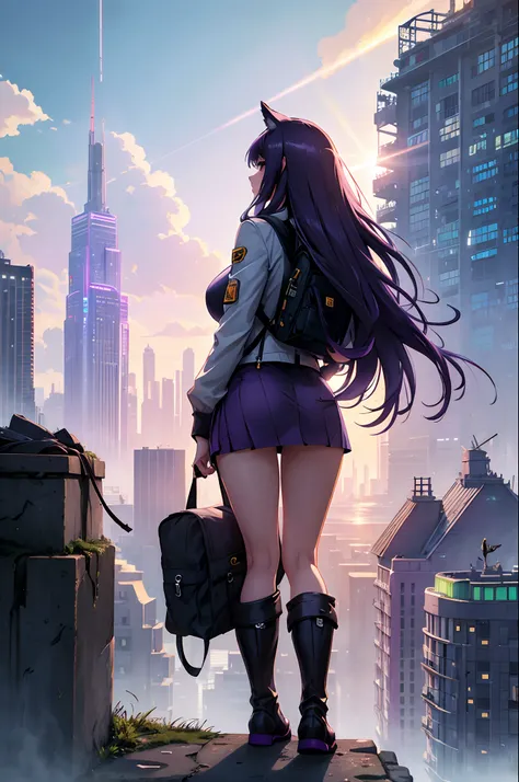 Big breasts, ass, (wolf woman), (long purple hair), from behind, outdoors, bird, ruins, 1girl, sunlight, tower, facing away, lights city, water, sunlight, rays of light, bridge, post-apocalypse, tree, backpack, lens flare, stylish jacket, mini skirt, knee-...