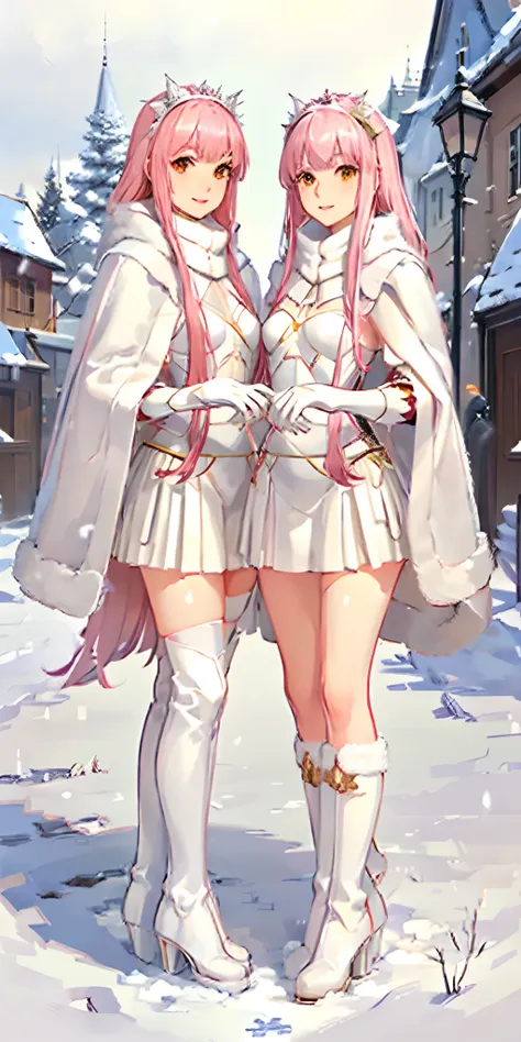 (masterpiece, sidelighting, finely detailed beautiful eyes: 1.2), glowing eyes, shiny hair, lustrous skin, duo, embarrassed, medb (fate), outdoors, cloak, white cloak, fur trim, knee boots, snow, street, lamppost, full body, 2girls, twins, clones