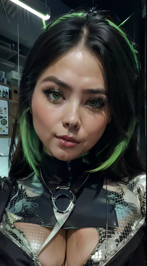 solo, super fine photo, portrait unreal engine 5 8k uhd of beautiful and cute girl, forest green and black color scheme tight cy...