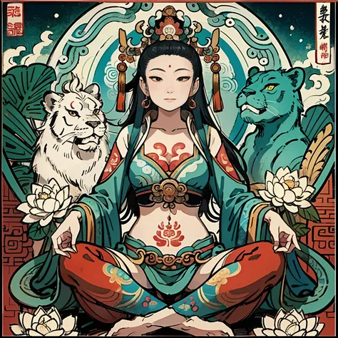 an ancient Chinese goddess, guanyin of the southern seas, Guanyin, Inspired by India, Avalokiteshvara rides a lion，,Serene expression,shui mo hua,Buddha,Buddhist,Lotus,Chinese painting style,Thangka style