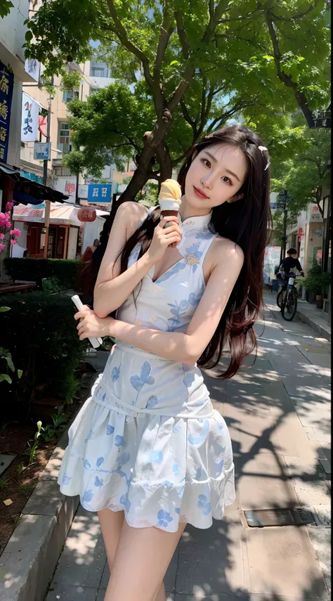 Arealfi woman in dress holding ice cream on city street, full-body xianxia, xintong chen, wearing a blue qipao dress, gorgeous chinese models, photo of slim girl model, shaxi, wenfei ye, yanjun cheng, ulzzangs, Chinese girl, pale milky white porcelain skin...