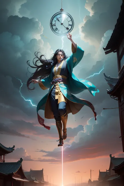 realistic skin textures，highly  detailed，8k wallpaper，Volumetriclighting，动态照明，Man with long black hair，Long hair fluttering，Chinese-style cyan robe，Gold embroidery pattern，dynamic viewing angle，The clouds are thick，Chinese Ancient Architecture，Immortal Law...