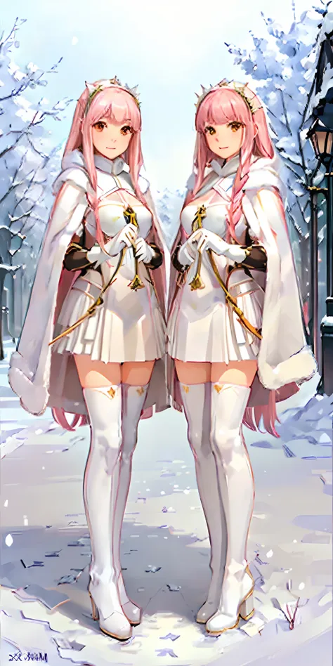 (masterpiece, sidelighting, finely detailed beautiful eyes: 1.2), glowing eyes, shiny hair, lustrous skin, duo, embarrassed, medb (fate), outdoors, cloak, white cloak, fur trim, knee boots, snow, street, lamppost, full body, 2girls, ((twins, clones, matchi...