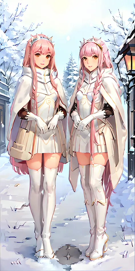 (masterpiece, sidelighting, finely detailed beautiful eyes: 1.2), glowing eyes, shiny hair, lustrous skin, duo, embarrassed, medb (fate), outdoors, cloak, white cloak, fur trim, knee boots, snow, street, lamppost, full body, 2girls, ((twins, clones, matchi...