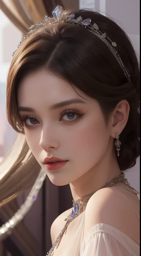 tmasterpiece，Highest image quality，Beautiful bust，Delicate chestnut hairstyle，The black purple eyes are crystal clear，Intricate craft jewelry flower embellishment，jewelry earrings，super detailing。