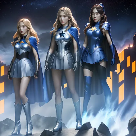 high quality superhero cg makeover，kim tae-yeon wears a star suit and cape，blue boots and gloves，countenance。the whole scene is ...