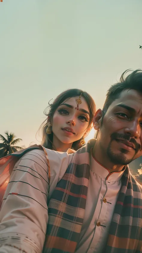 Couples in Indian traditional dress with the background of sunset