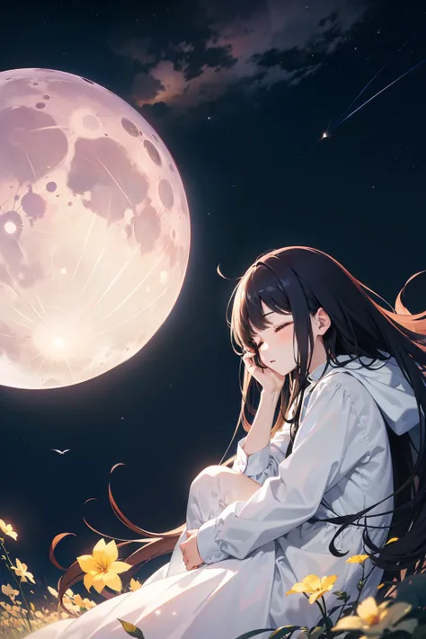 moon, horizon, light, girl, flying, sleeping, world, starry sky