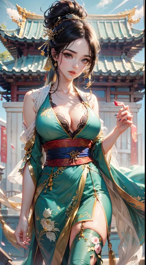 Ancient Chinese architecture，National style beautiful girl，Wear revealing Hanfu，Simple clothing， Minimalist style，Mixed Chinese and American races，The background is blurred out，focal，电影灯光，(((tmasterpiece))), ((best qualtiy)), ((Complex and detailed)), ((ul...