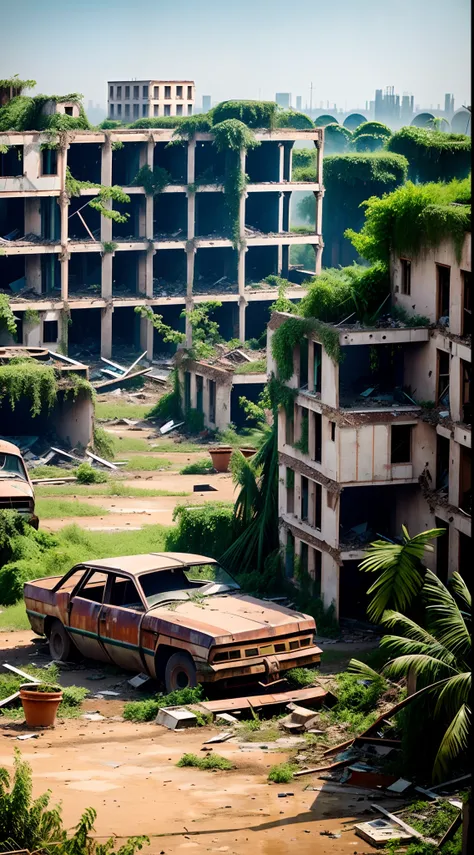 tmasterpiece,high qulity,Huge abandoned city,An abandoned city,Dilapidated house,The collapsed tall buildings were overgrown with plants,Bridge,Many scrapped rusty cars,Rusty metal pipes,The backs of several explorers in the distance,com cores neutras,Wast...