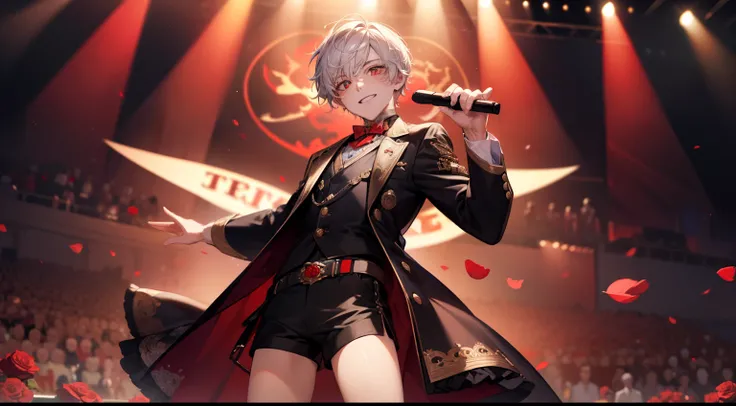 ((masterpiece)),(((best quality))), (high-quality, breathtaking),(expressive eyes, perfect face), short, young boy, short white hair, red eyes, smiling, black idol outfit, wear short shorts, shine, glow, red roses, on stage, singing