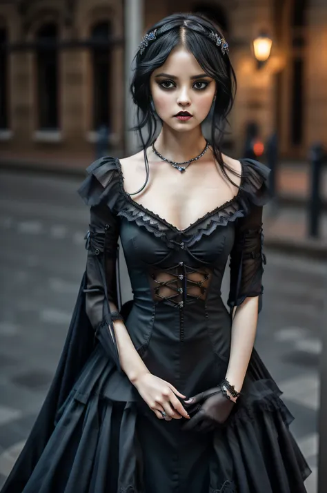 Gothic girl,Serious dark Gothic style costume， with short black hair, wide blue eyes，Tender lips,Mature and steady，Full and elegant，Elegant and dignified，Staring straight ahead，Beautiful face。Coordination of the five senses，Slim，Aggressiveness，Strong， Full...