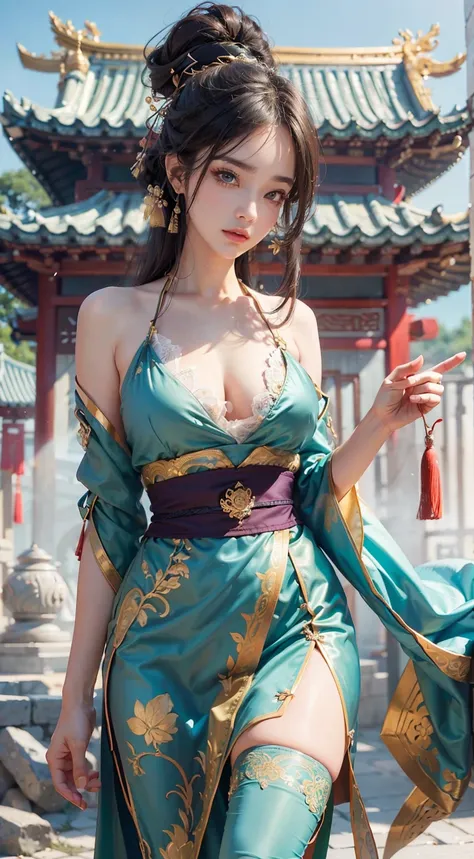 Ancient Chinese architecture，National style beautiful girl，Wear revealing Hanfu，Simple clothing， Minimalist style，Mixed Chinese and American races，The background is blurred out，focal，电影灯光，(((tmasterpiece))), ((best qualtiy)), ((Complex and detailed)), ((ul...